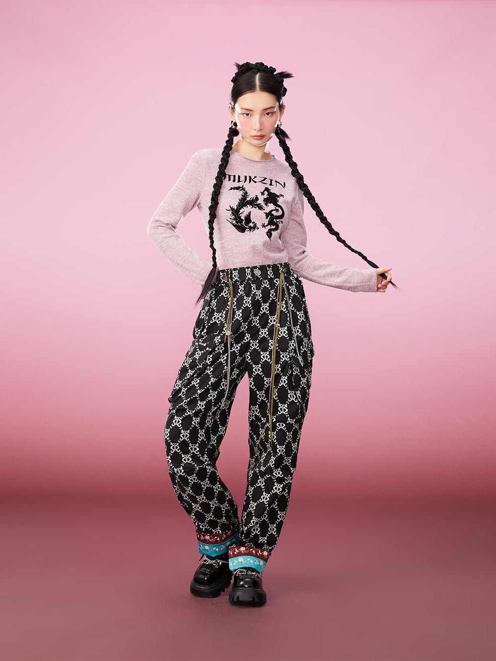 MUKZIN Black White Contrasting Chinese Print Overalls