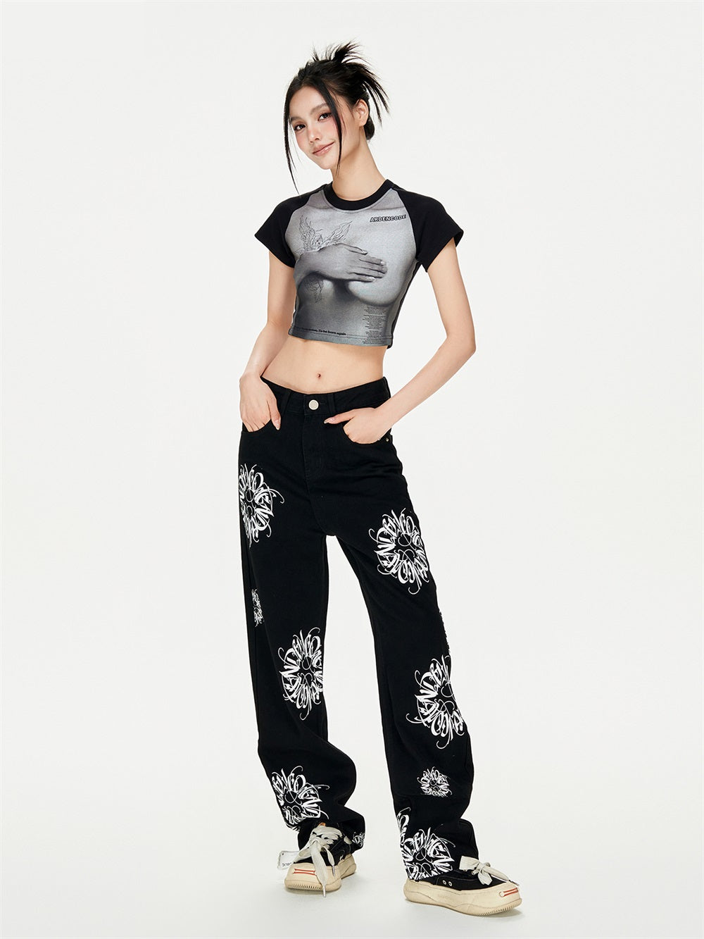 MUKTANK×ARDENCODE W Printed Tight Waist-Revealing Round Neck Stretchy T-Shirt
