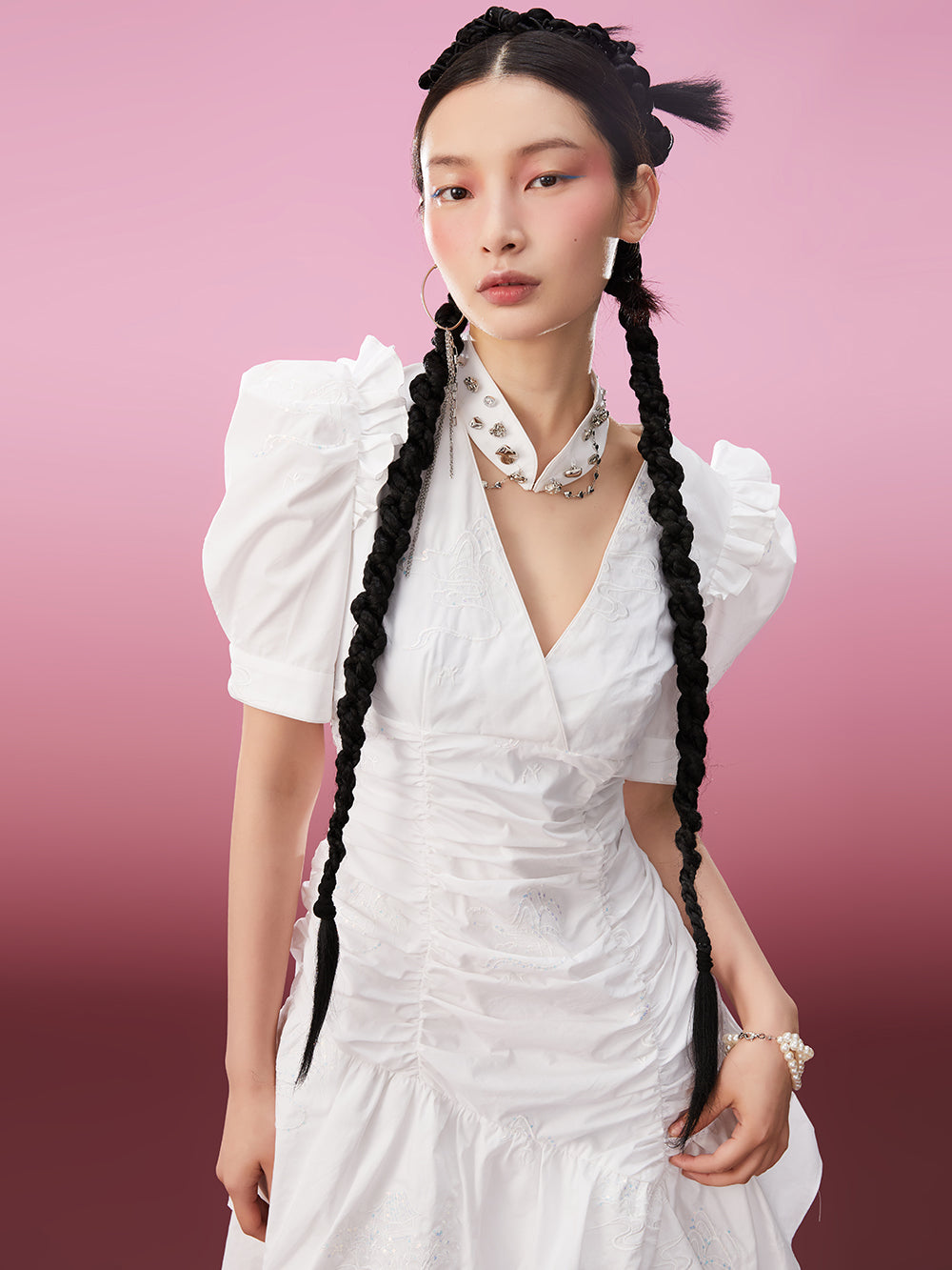 MUKZIN Elegant Original Temperament Cheongsam V-neck White Ruffles