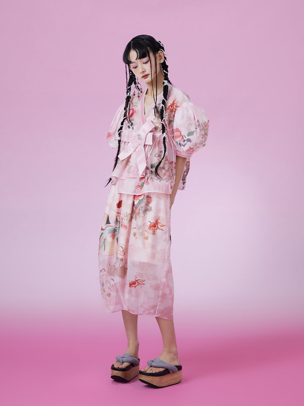 MUKZIN V-neck Bow Puff Sleeve Print Retro Elegant T-shirts