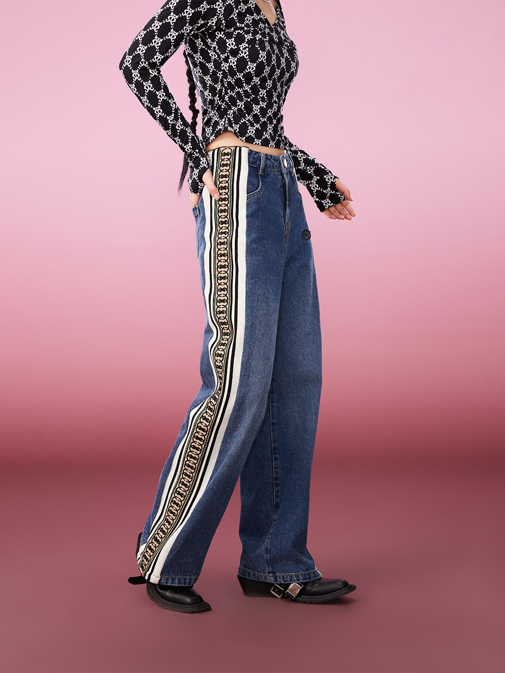 MUKZIN Striped Stitching Loose Casual Classic All-match Jeans