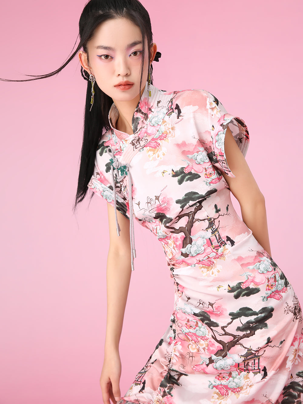 MUKZIN Printed Stand Collar Slit Slim Retro Cheongsam