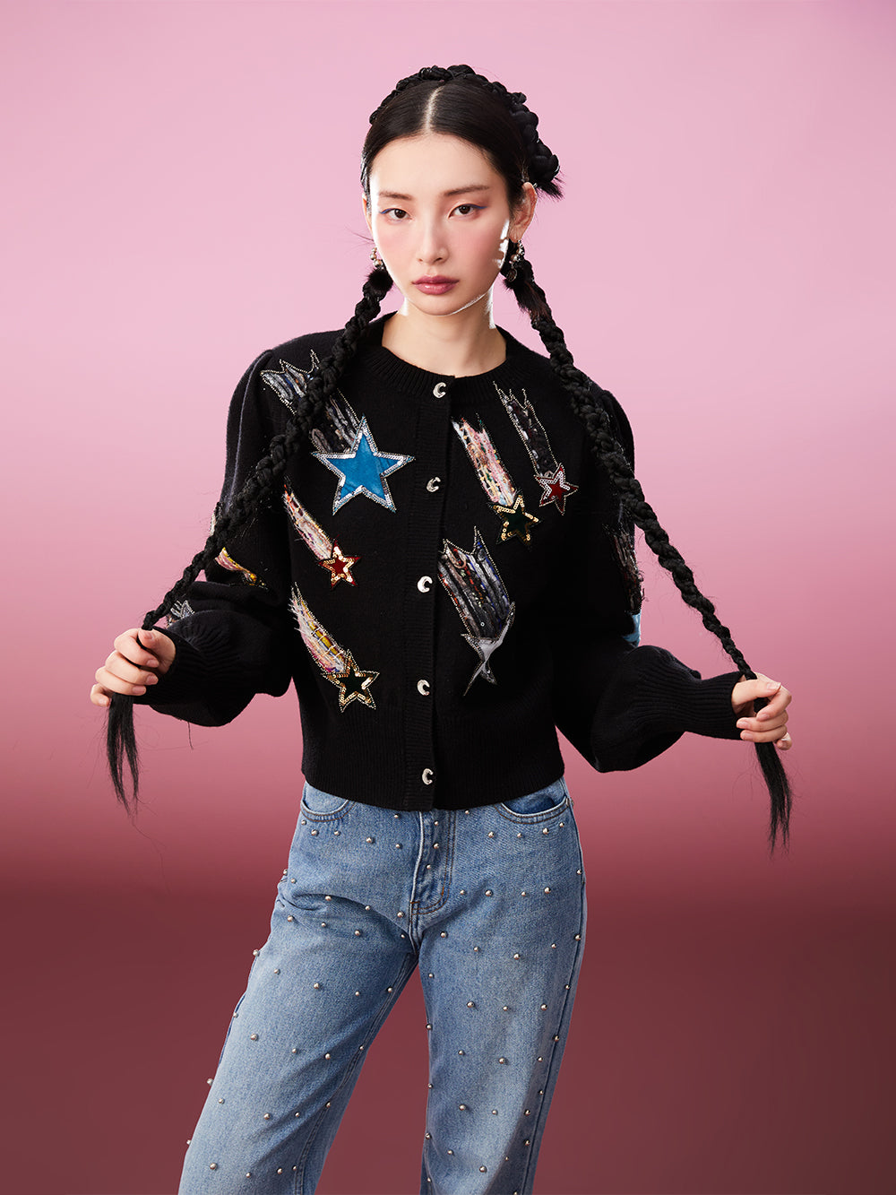 MUKZIN Rivet Paneled Straight Leg Jeans