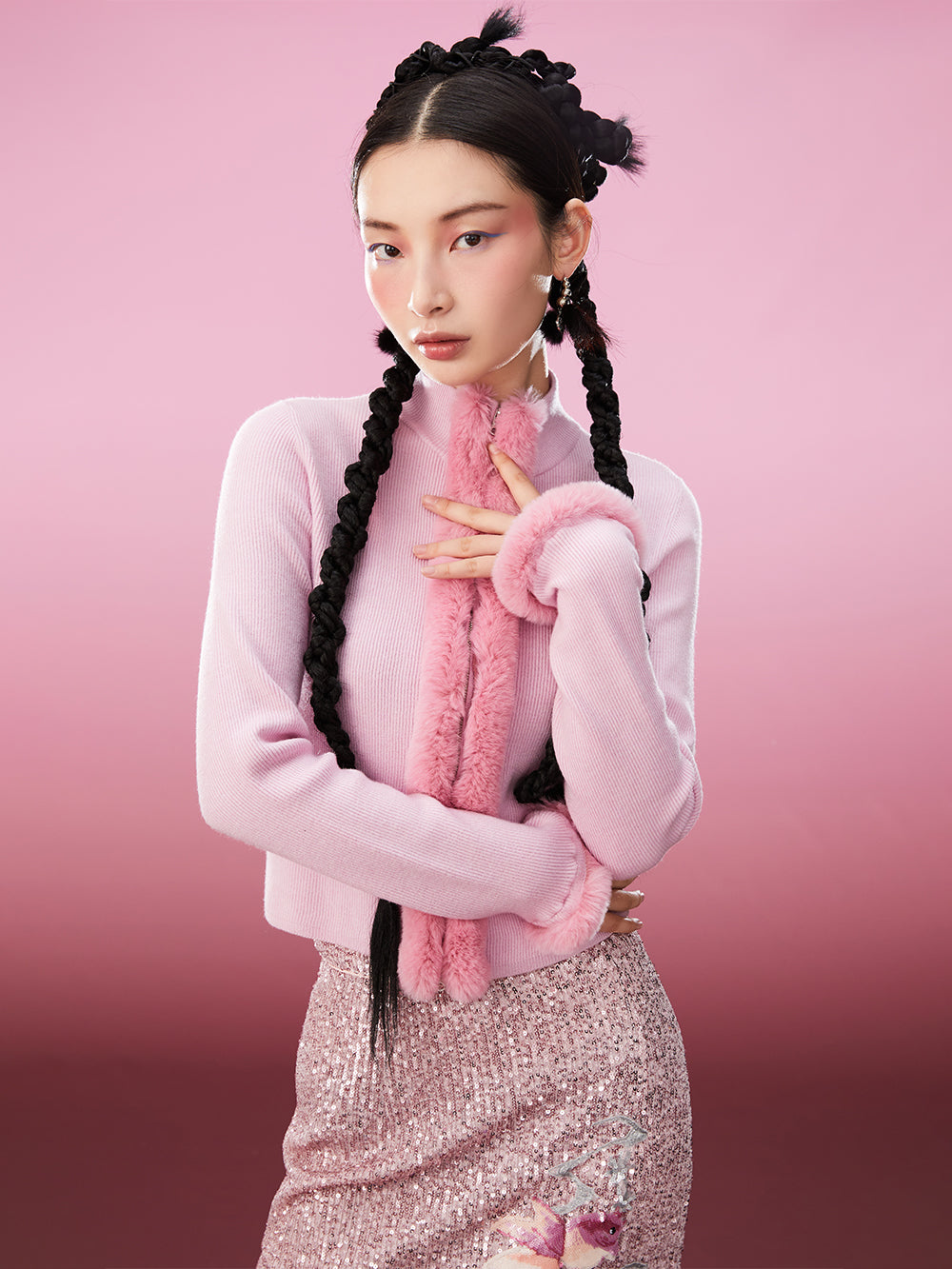 MUKZIN Pink Sweet Rabbit Fur Decoration Simple Slim Cardigan