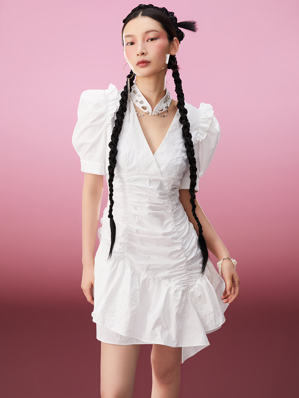 MUKZIN Elegant Original Temperament Cheongsam V-neck White Ruffles