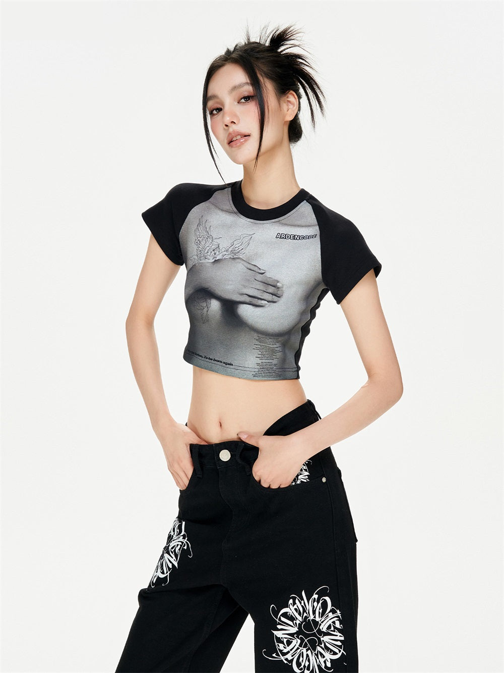 MUKTANK×ARDENCODE W Printed Tight Waist-Revealing Round Neck Stretchy T-Shirt