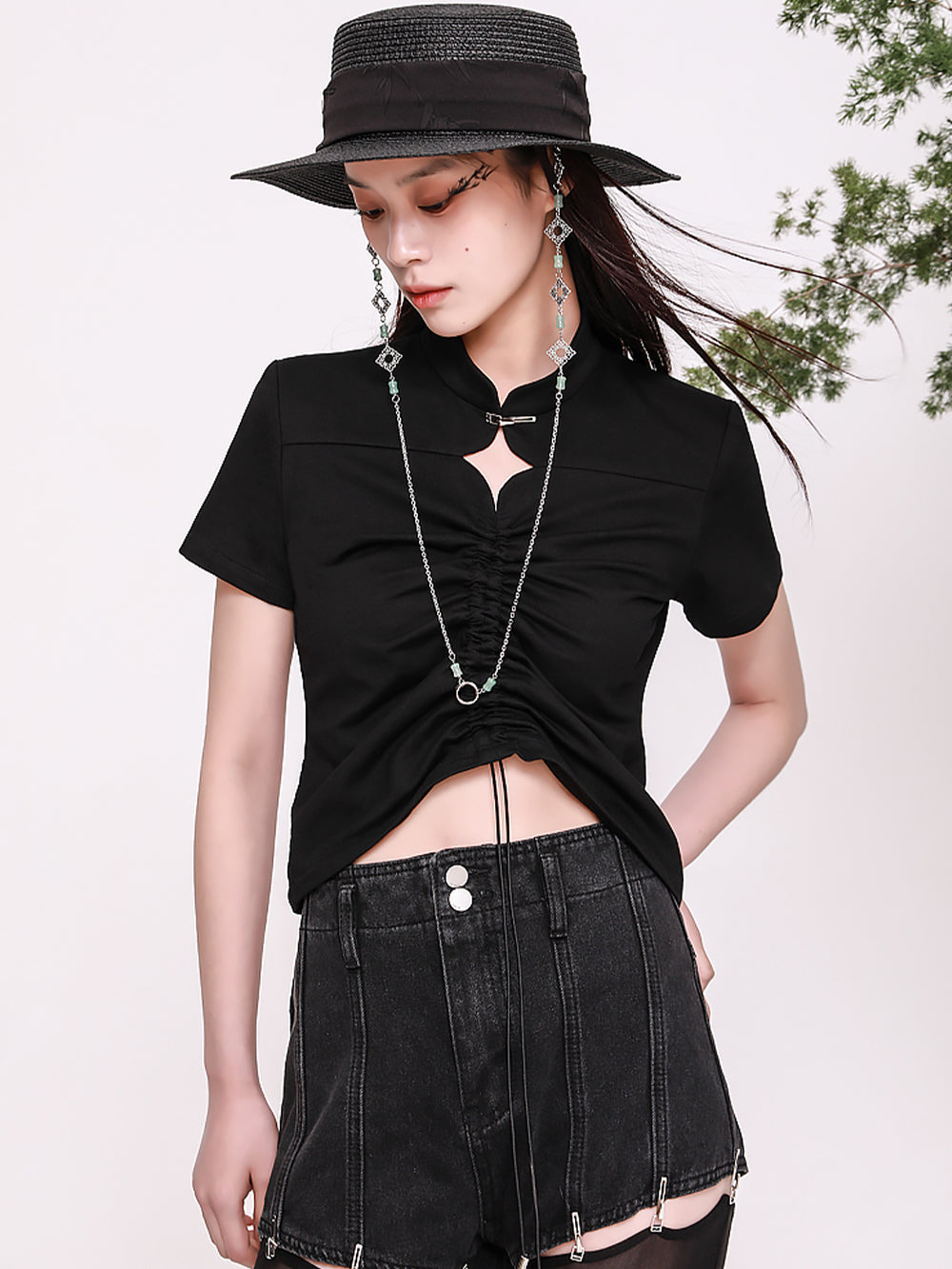 MUKTANK×CUUDICLAB Hollowed-out Stand Collar T-shirts