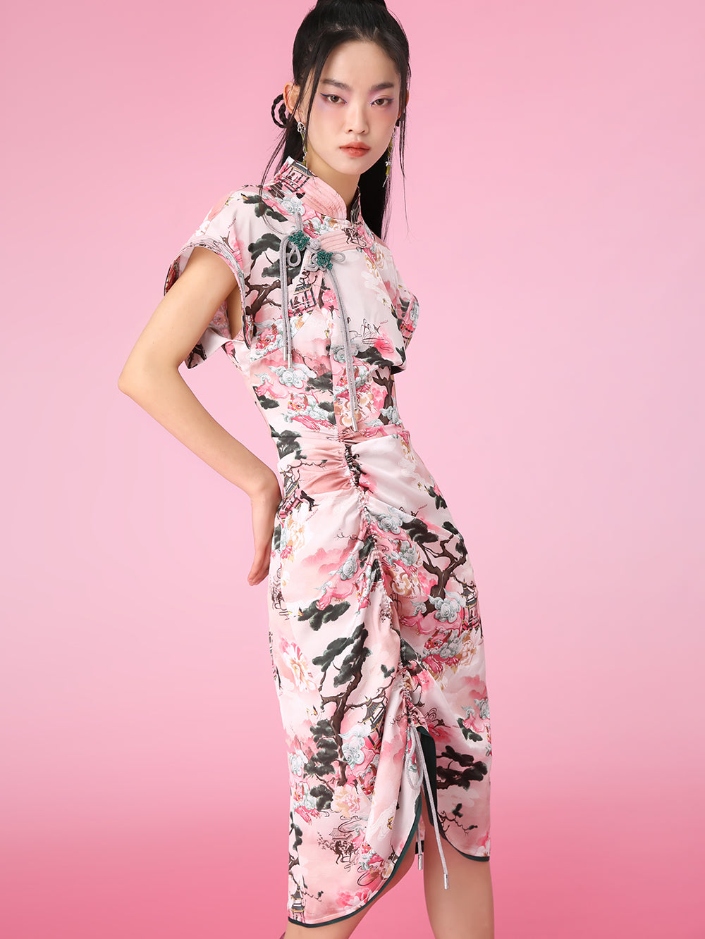 MUKZIN Printed Stand Collar Slit Slim Retro Cheongsam