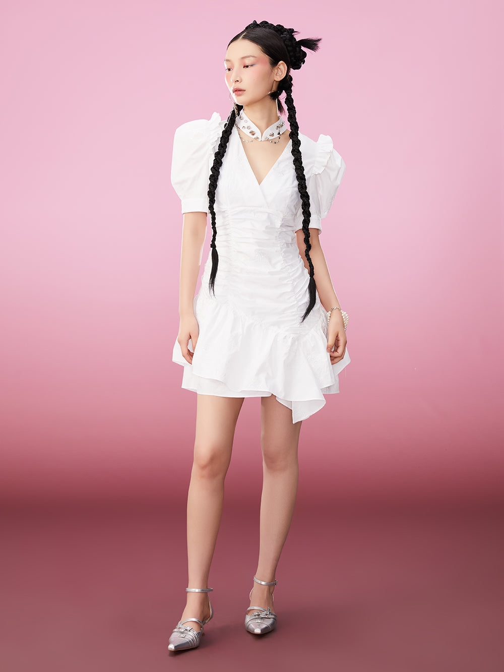 MUKZIN Elegant Original Temperament Cheongsam V-neck White Ruffles