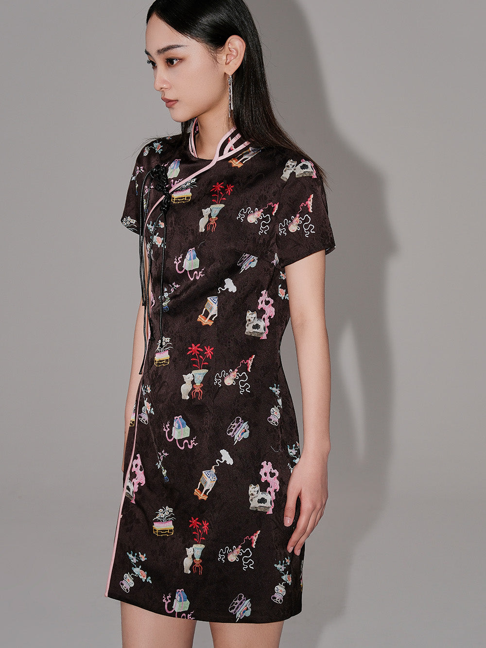 MUKZIN Creative Printed Slit Short-Sleeved Cheongsam