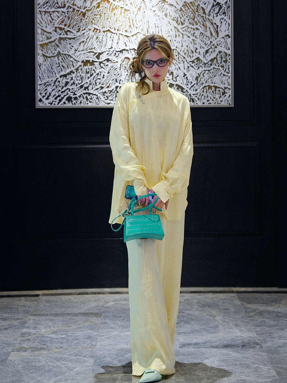 MUKZIN Yellow Jacquard Loose Wide-leg Pants