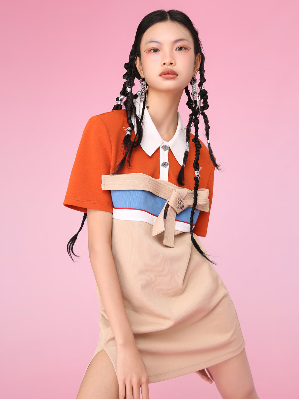 MUKZIN Color Block Polo Collar Casual Slim Dress