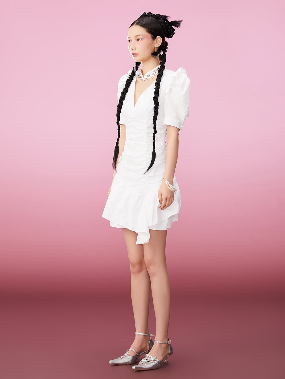 MUKZIN Elegant Original Temperament Cheongsam V-neck White Ruffles