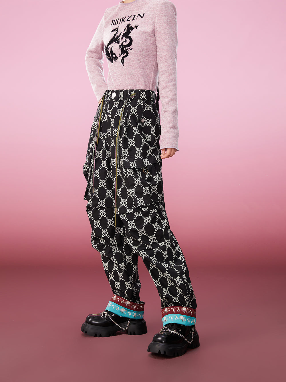 MUKZIN Black White Contrasting Chinese Print Overalls
