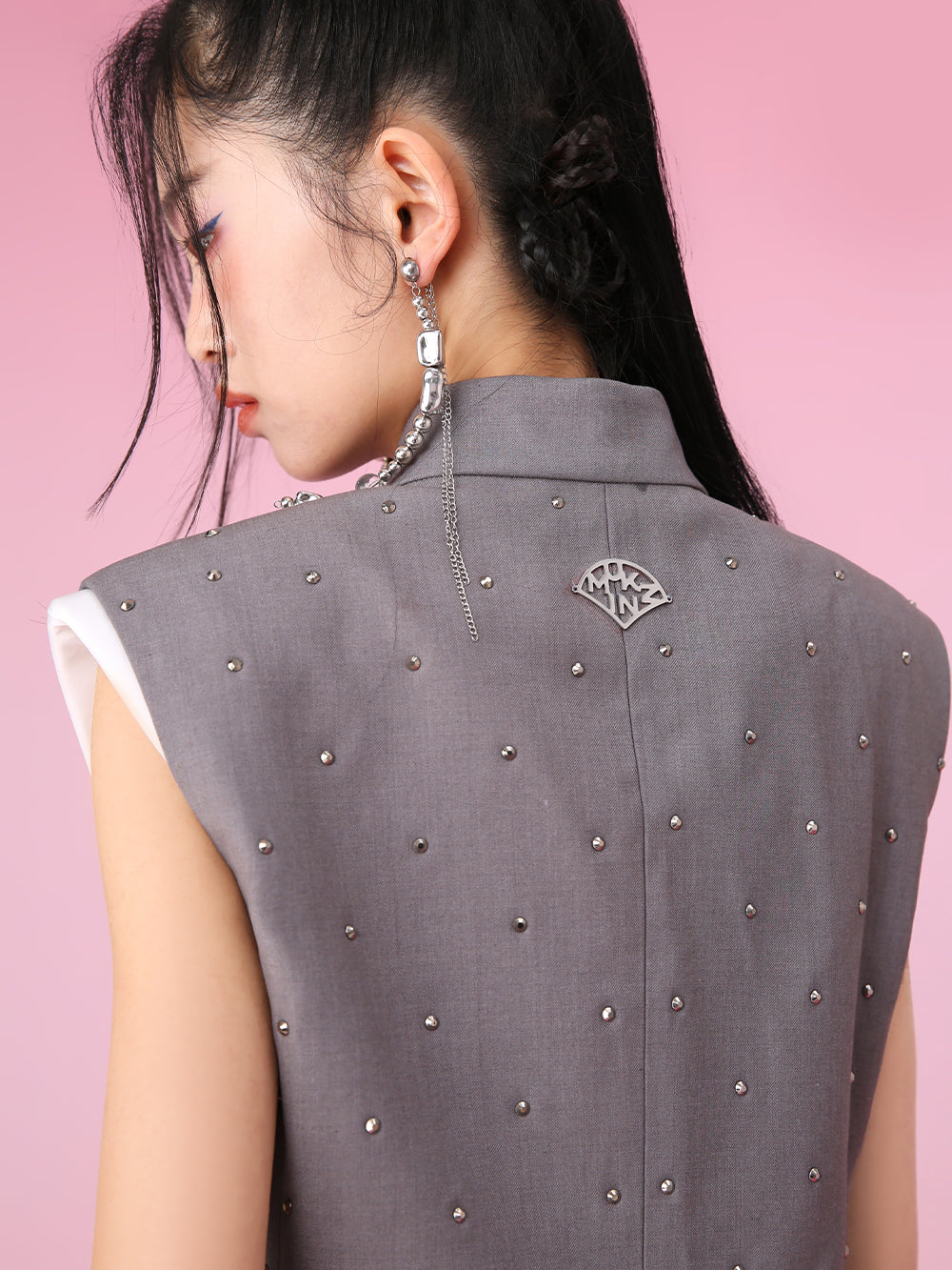 MUKZIN Color-block Chinese Style Retro Gray Stand-up Collar Vest