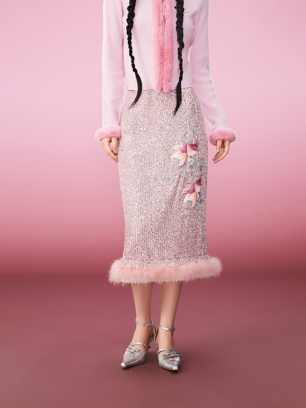 MUKZIN Pink Sweet Rabbit Fur Decoration Simple Slim Cardigan