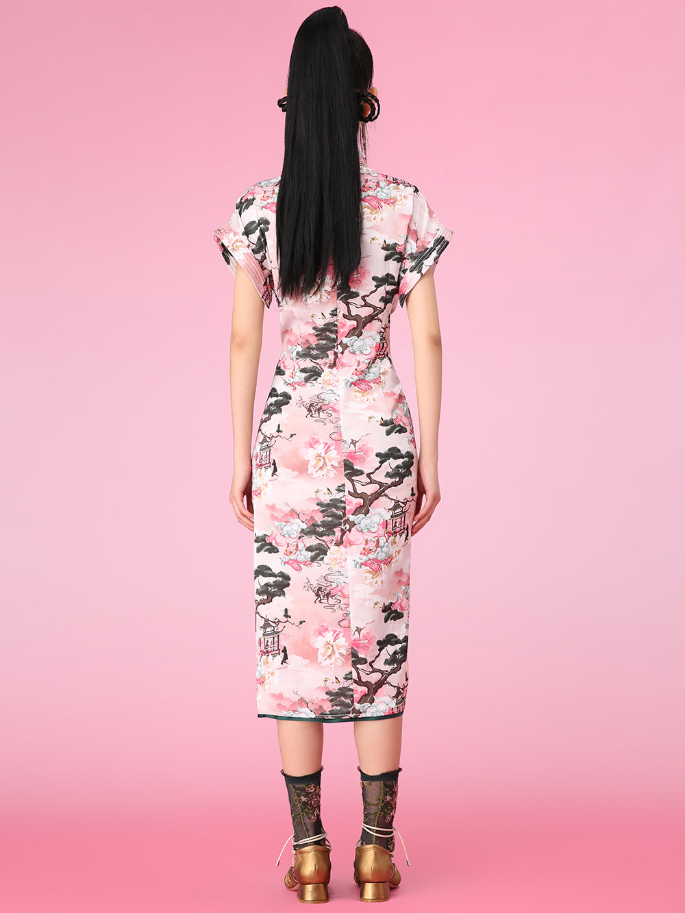 MUKZIN Printed Stand Collar Slit Slim Retro Cheongsam