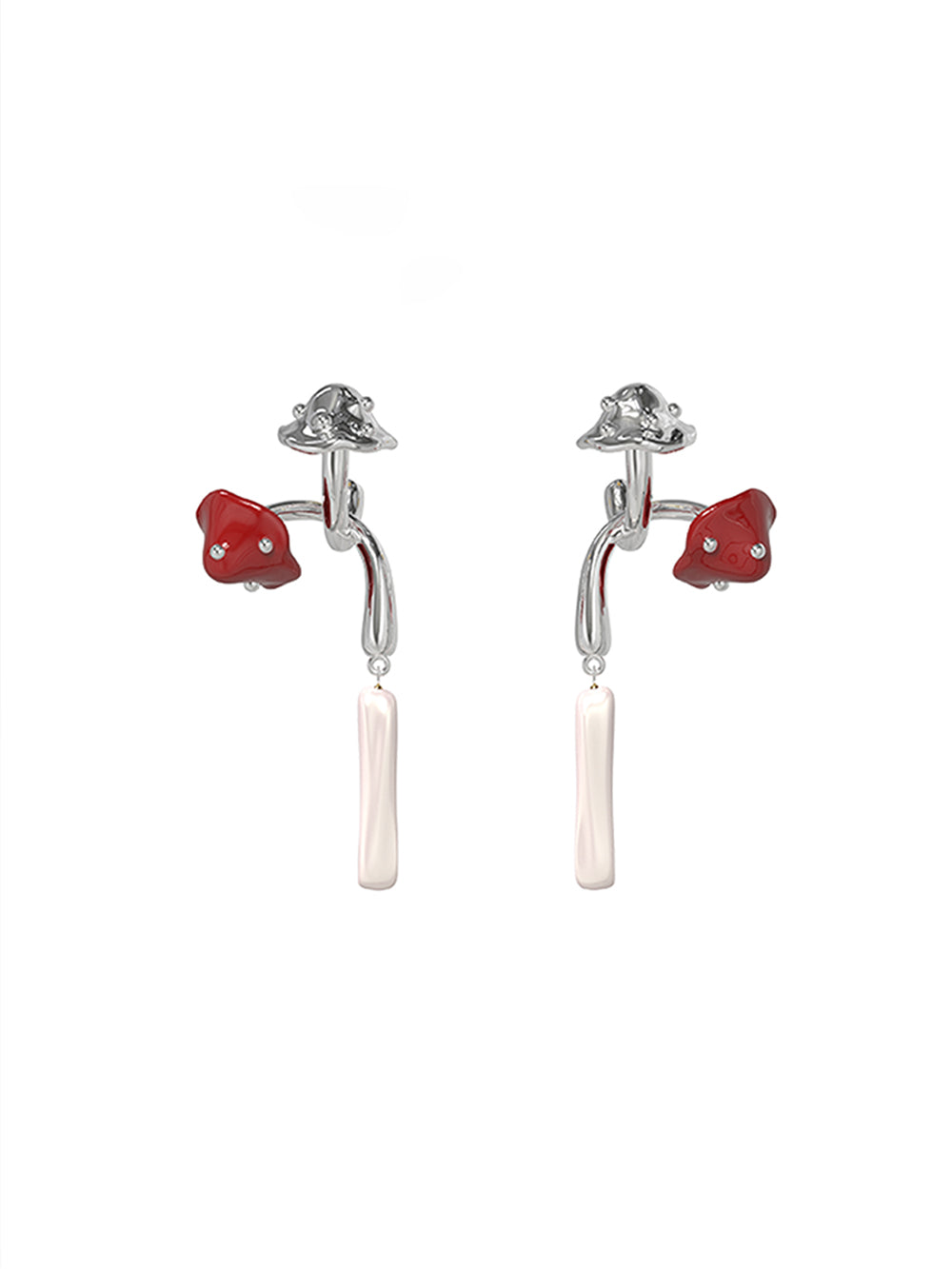 MUKTANKxPEARLONA Dangerous Garden -Twin Red Mushroom Silver Baroque Pearl Earrings