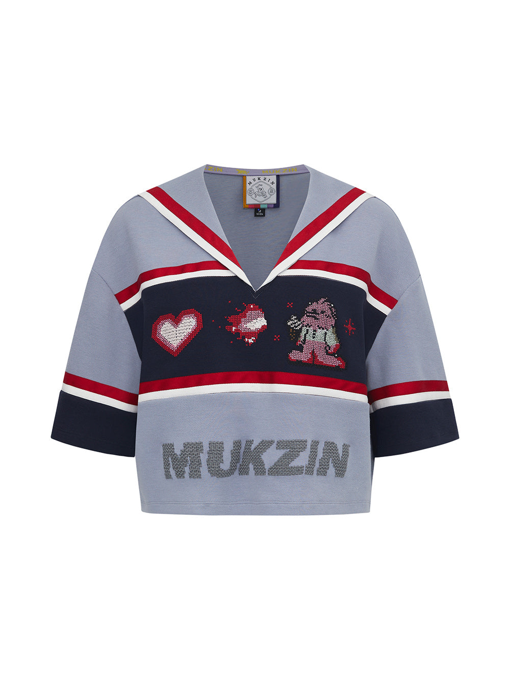 MUKZIN Navy Collar Cartoon Embroidered Loose T-shirt