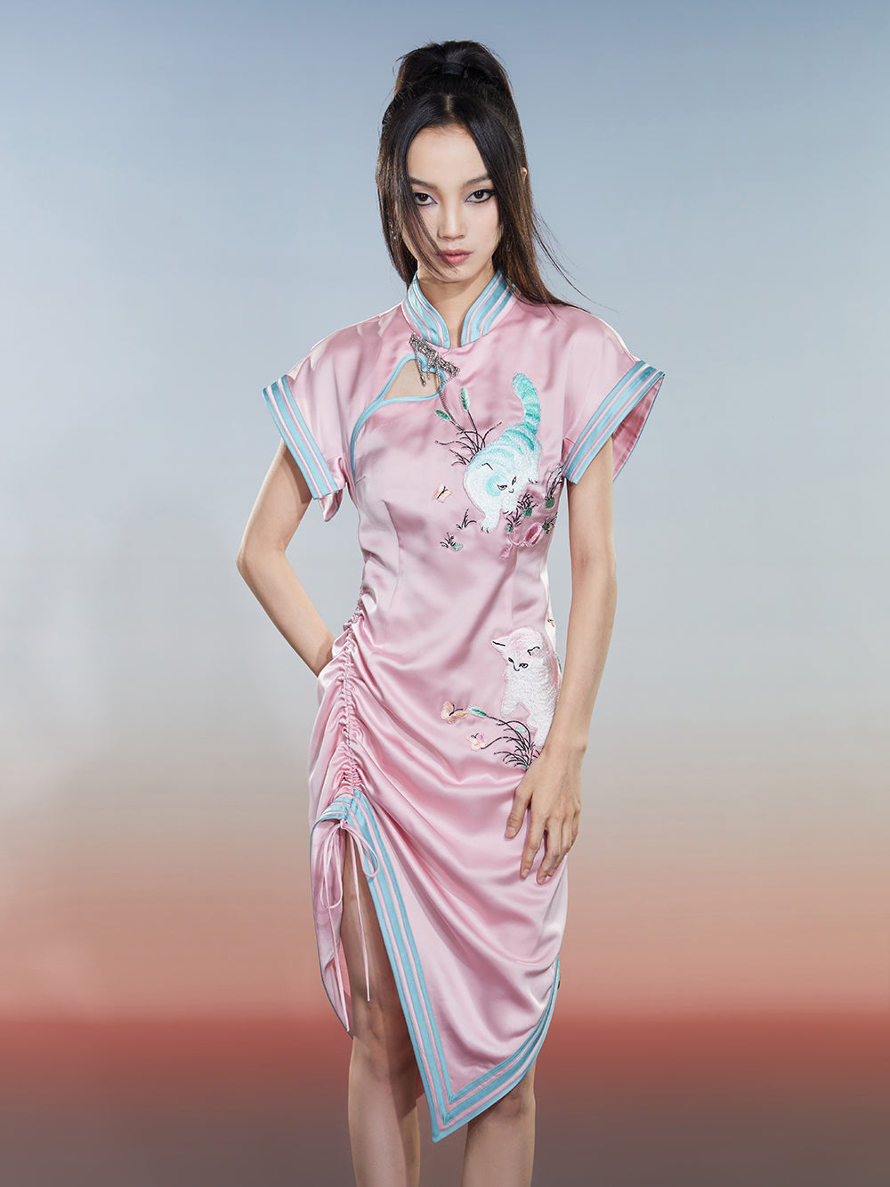 MUKZIN Cat Print Sleeveless Drawstring Cheongsam Qi Pao