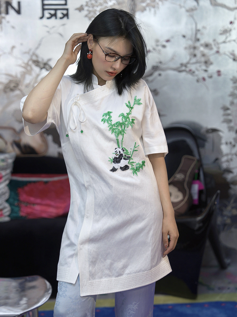 MUKZIN Chinese Style Stand Collar Panda Embroidered Shirt Dress