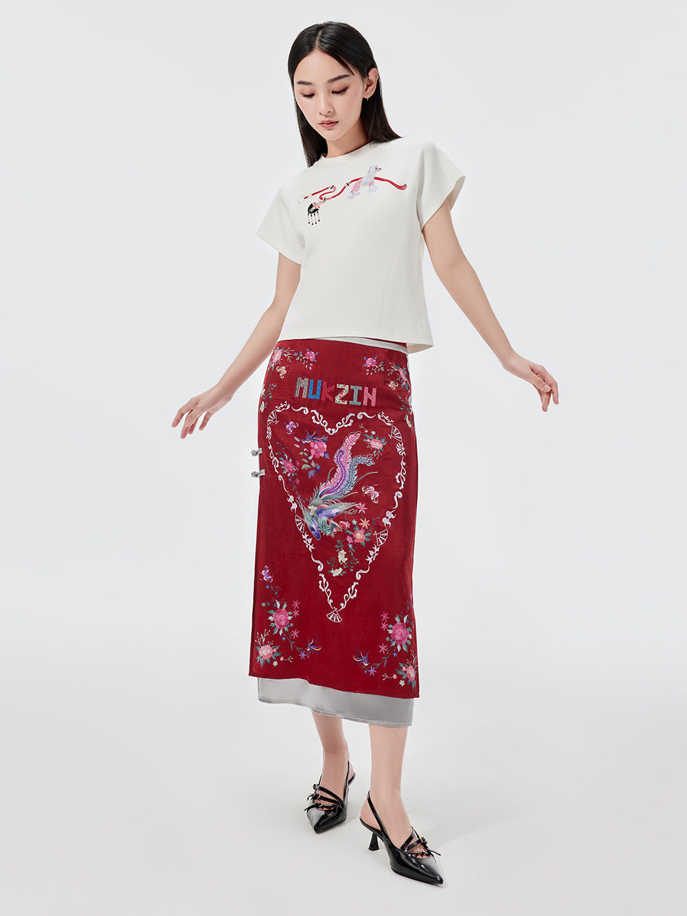 MUKZIN Red Embroidered Chinese Ethnic Style Midi Skirt