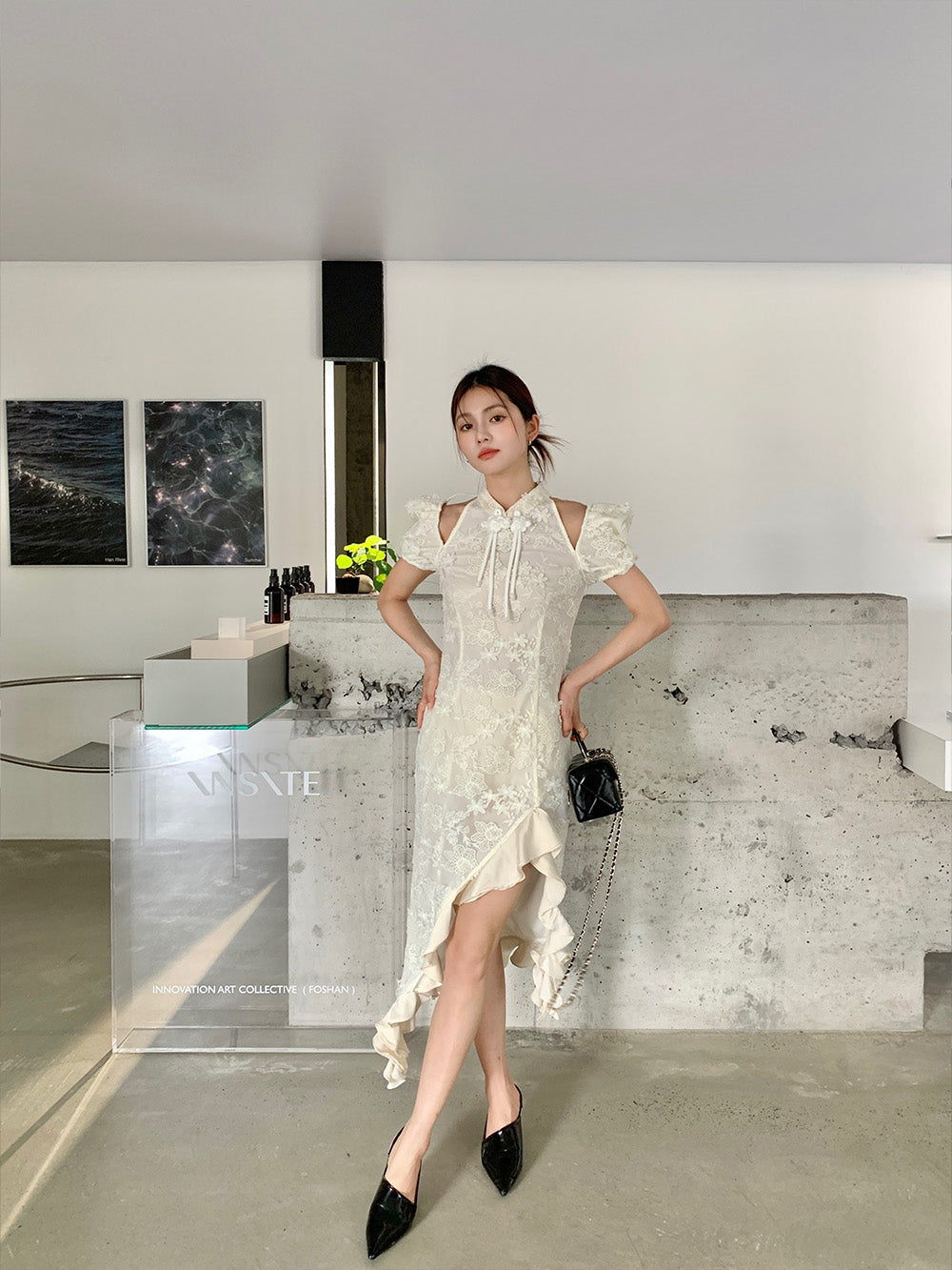 MUKZIN Lace Print Hollow Puff Sleeve Cheongsam Qi Pao