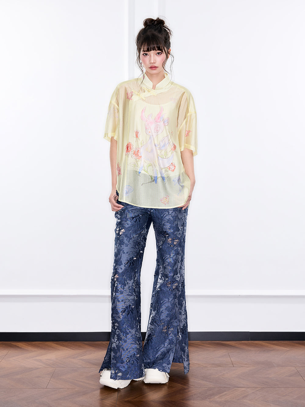 Mukzin "Ode To The New Summer"New Chinese-Style Shirt With Frog Buttons At The Collar And Printed Patterns