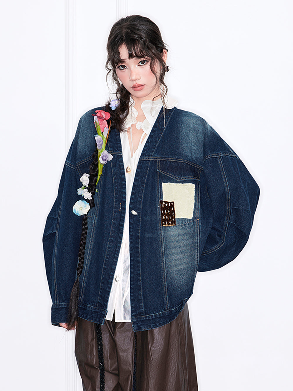 MUKZIN“Realm of Ethereal Mist”Intangible Cultural Heritage Applique - Embroidered Chinese - Style Cross - Collar Denim Jacket