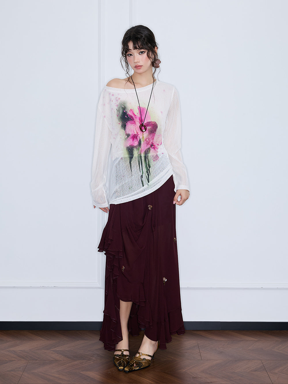 MUKZIN“Realm of Ethereal Mist”Burgundy irregular midi skirt