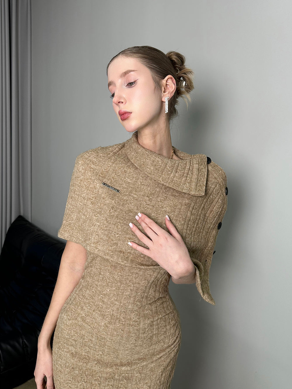 MUKTANK×Jqwention Patchwork V-Neck Slim-Fit Knit Lace Two-Piece Dress
