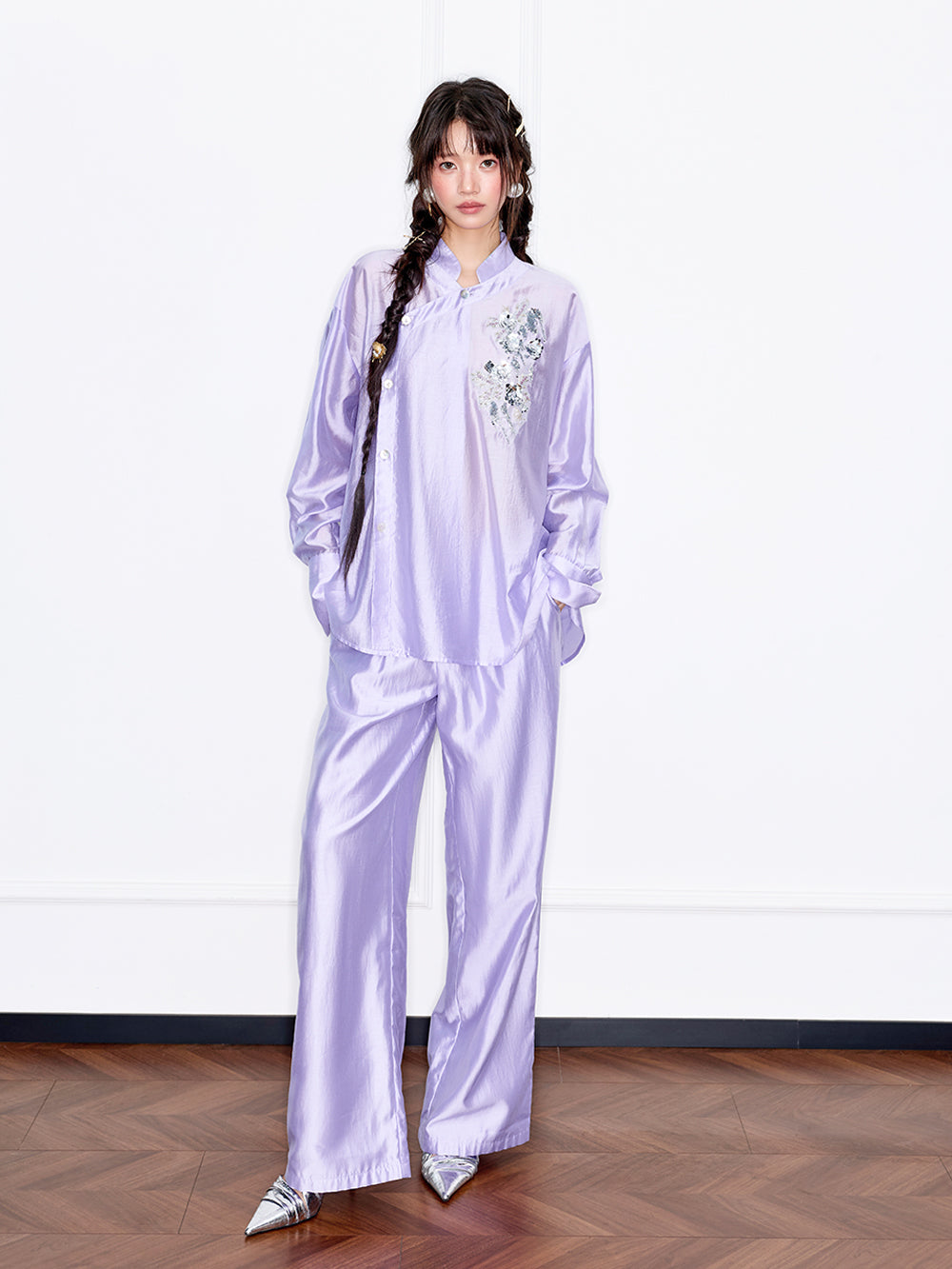 MUKZIN“Capsule Collection”Light Purple New Chinese Style Sequin Embroidered Top