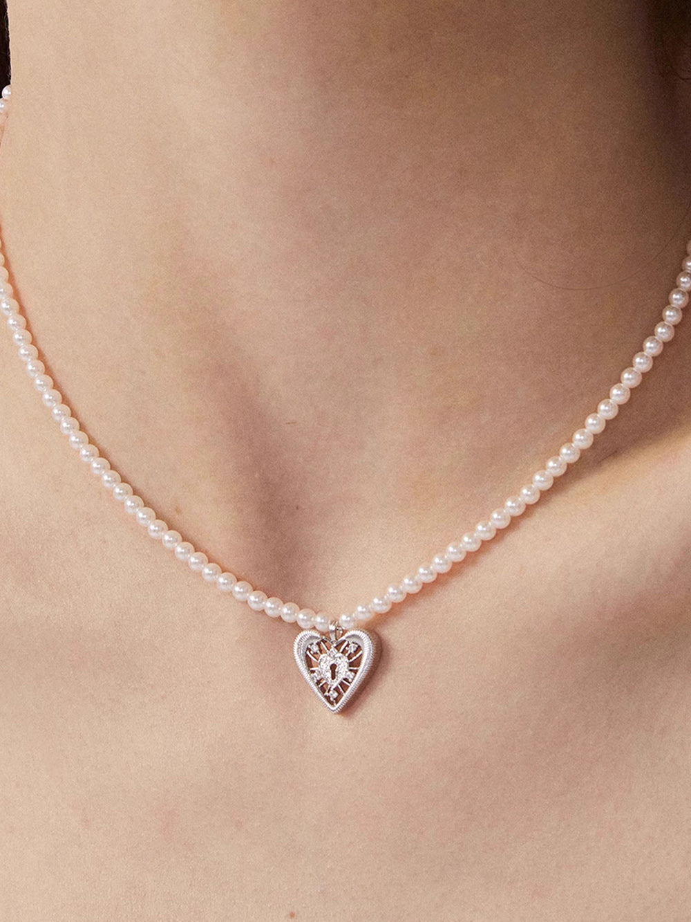MUKTANK×SUN Lace heart lock pearl necklace