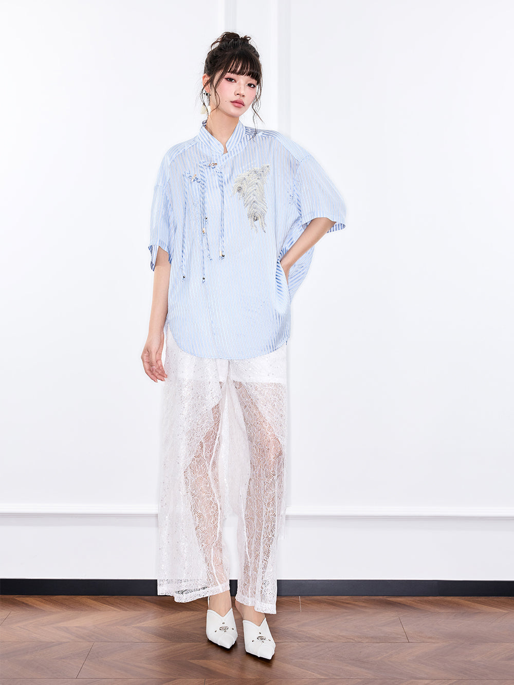 Mukzin "Ode To The New Summer"Elegant Blue And White Striped Chinese-Style Shirt