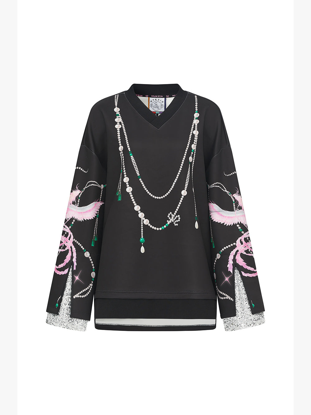 MUKZIN Linglong"Phoenix Perch"V-Neck Printed Wide Cuff Sweatshirt