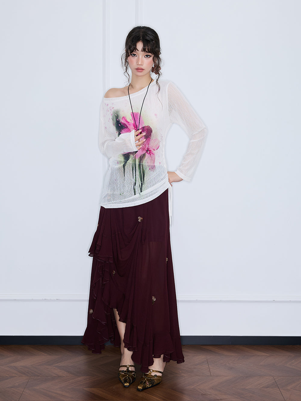 MUKZIN“Realm of Ethereal Mist”Burgundy irregular midi skirt