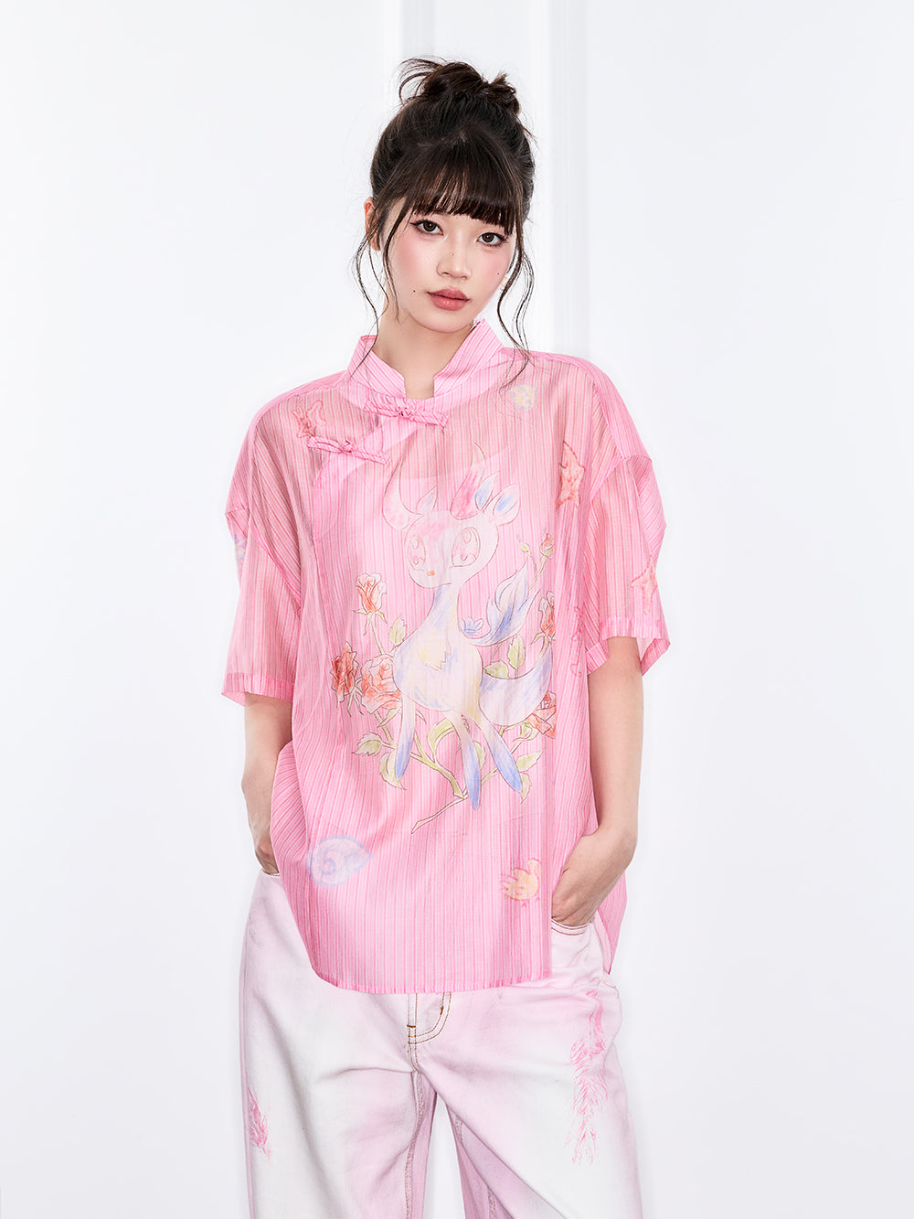 Mukzin "Ode To The New Summer" New Chinese-Style Shirt With Frog Buttons At The Collar And Printed Patterns