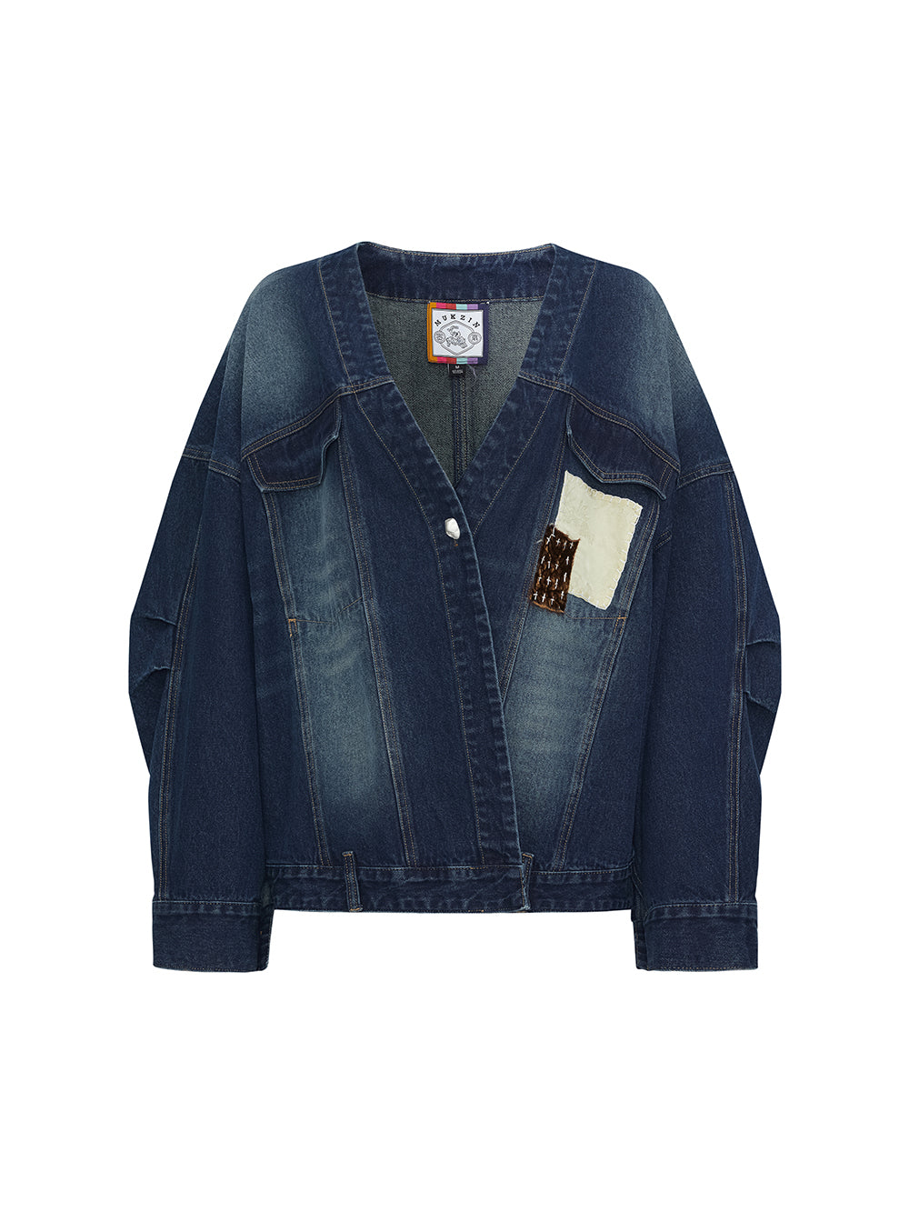 MUKZIN“Realm of Ethereal Mist”Intangible Cultural Heritage Applique - Embroidered Chinese - Style Cross - Collar Denim Jacket