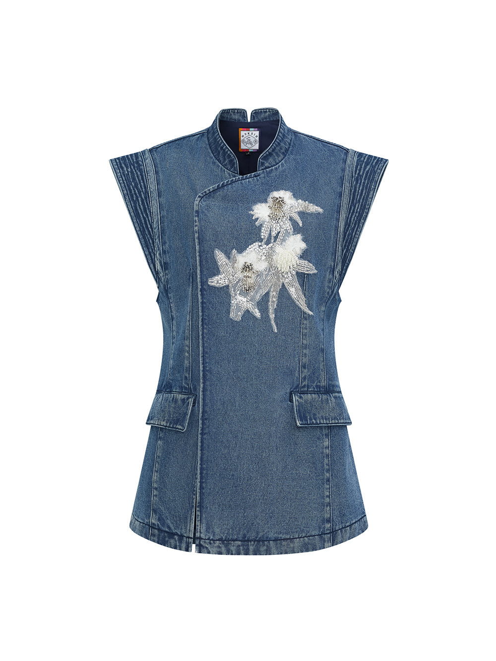 MUKZIN“Realm of Ethereal Mist”Chinese - style Frog Button Denim Vest with Sequin Floral Decoration