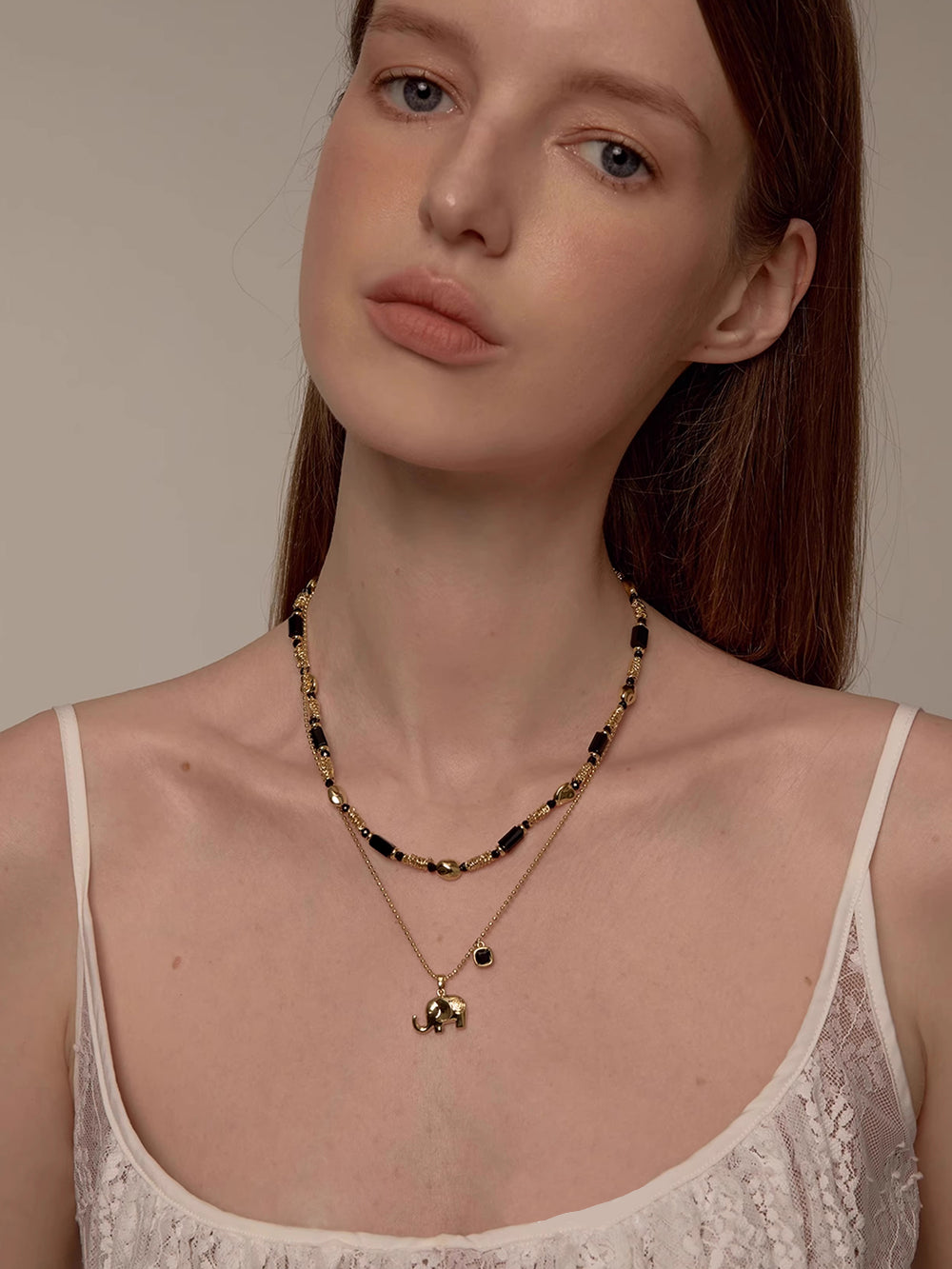 MUKTANK×SUN HUNTER Double-layered Necklace with Little Elephant Design and Black Spinel