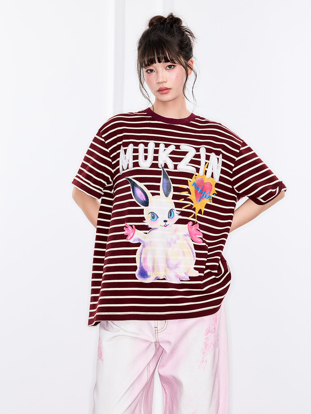 MUKZIN "Ode to the New Summer" Burgundy Striped Cute Rabbit T - shirt