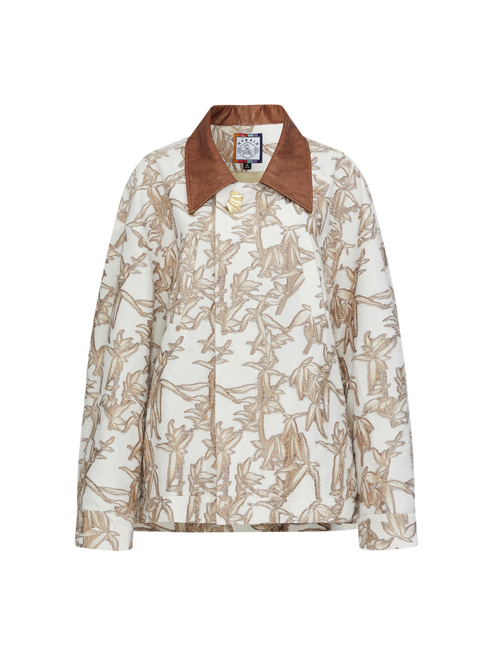 MUKZIN“Realm of Ethereal Mist”Loose Jacket with Plant Pattern, Contrast - Color Collar and Splicing Design