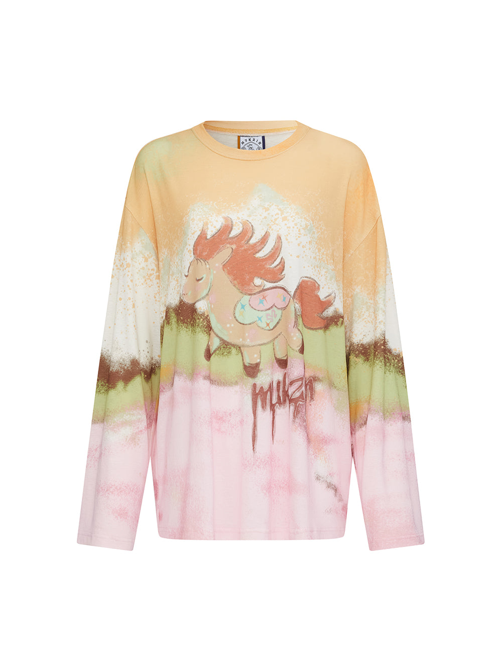MUKZIN“Realm of Ethereal Mist”Gradient Cartoon Pony Printed Loose Long - Sleeve Top