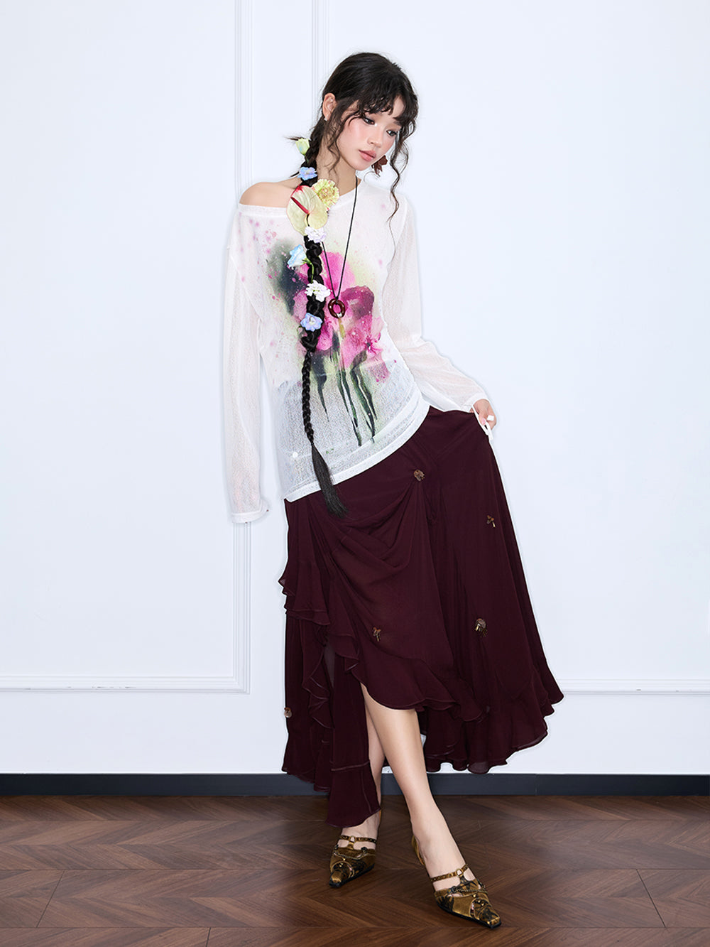 MUKZIN“Realm of Ethereal Mist”Vintage Hong Kong-style printed versatile knit base shirt