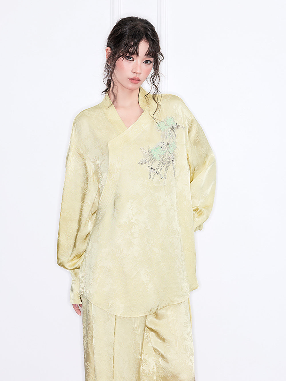 MUKZIN“Realm of Ethereal Mist”Light Yellow Jacquard Embroidered Elegant Chinese - Style Top