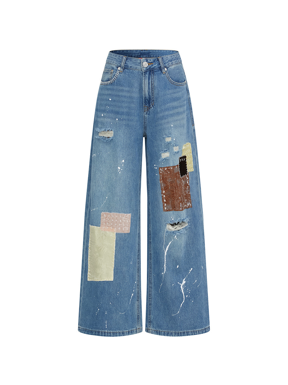 MUKZIN“Realm of Ethereal Mist”Vintage Blue Distressed Wide - Leg Jeans with Patchwork & Paint Splatter