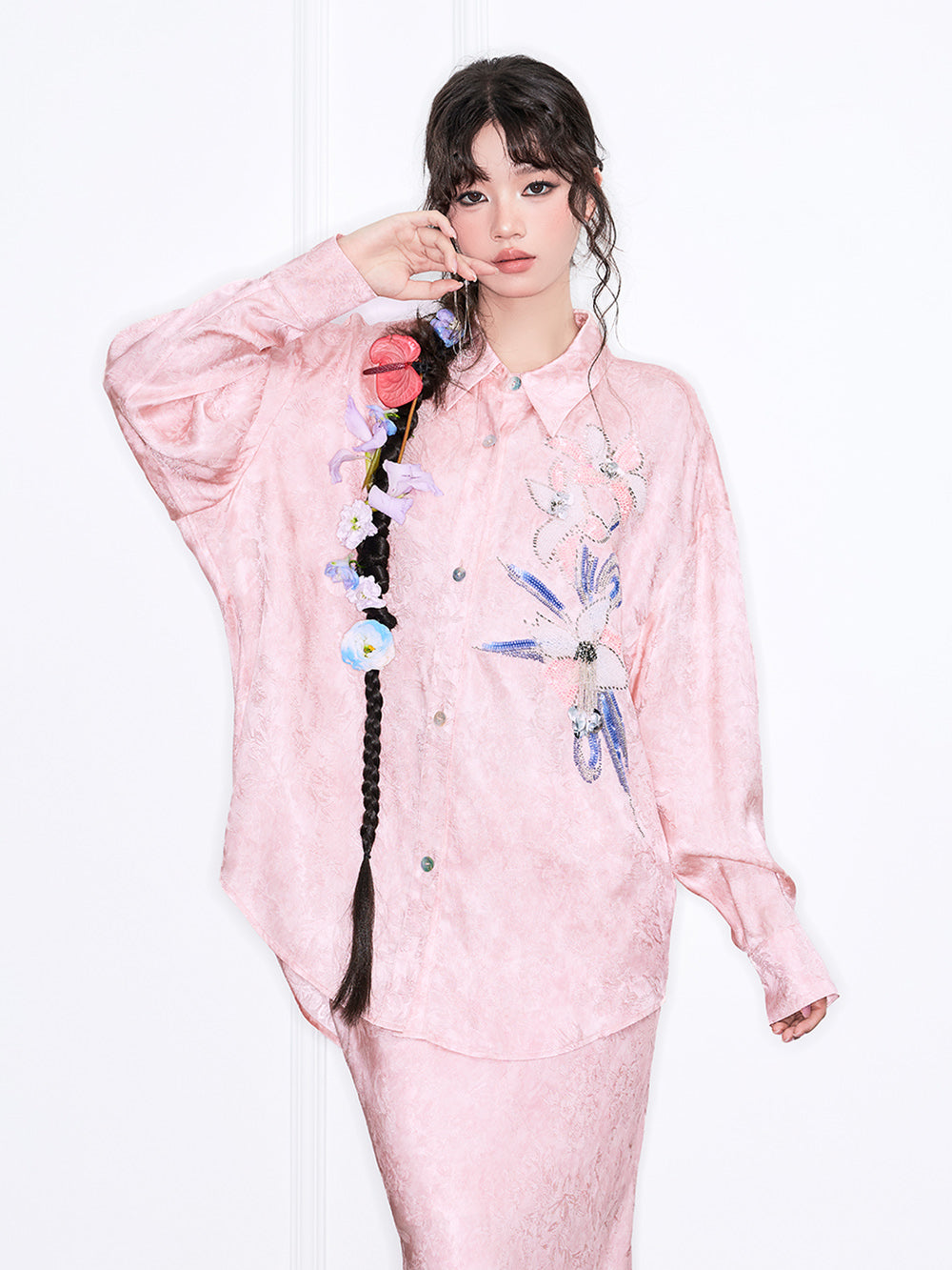 MUKZIN“Realm of Ethereal Mist”Pink Jacquard Floral Embroidered Shirt
