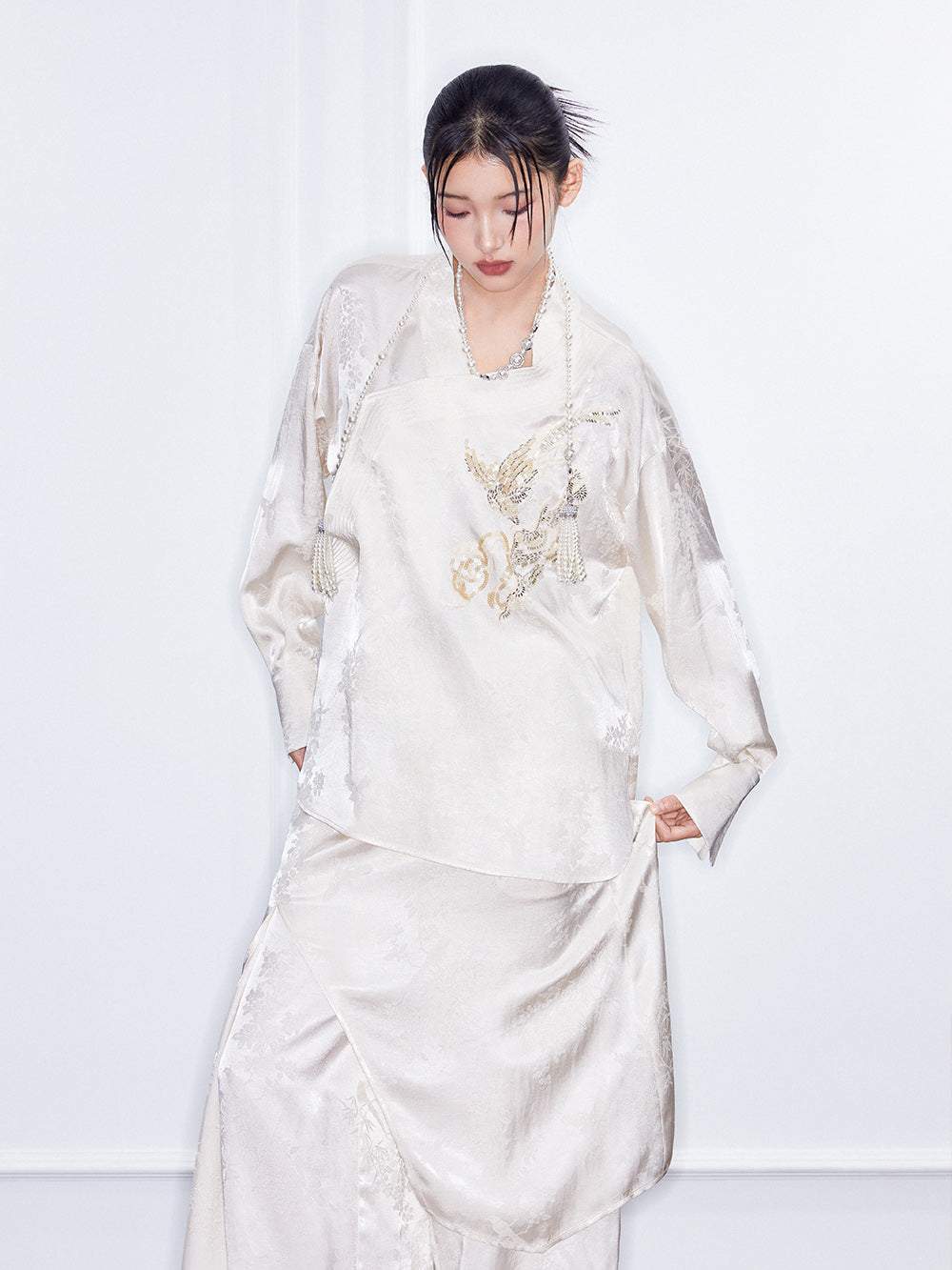 MUKZIN SpringPrelude Chanting Pine Chinese - style Irregular Cheongsam - collar Jacquard Shirt