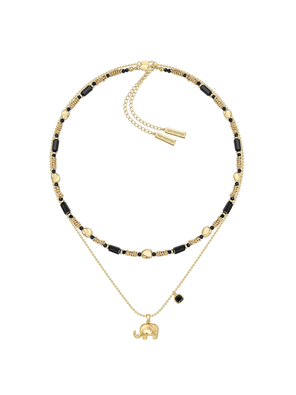 MUKTANK×SUN HUNTER Double-layered Necklace with Little Elephant Design and Black Spinel