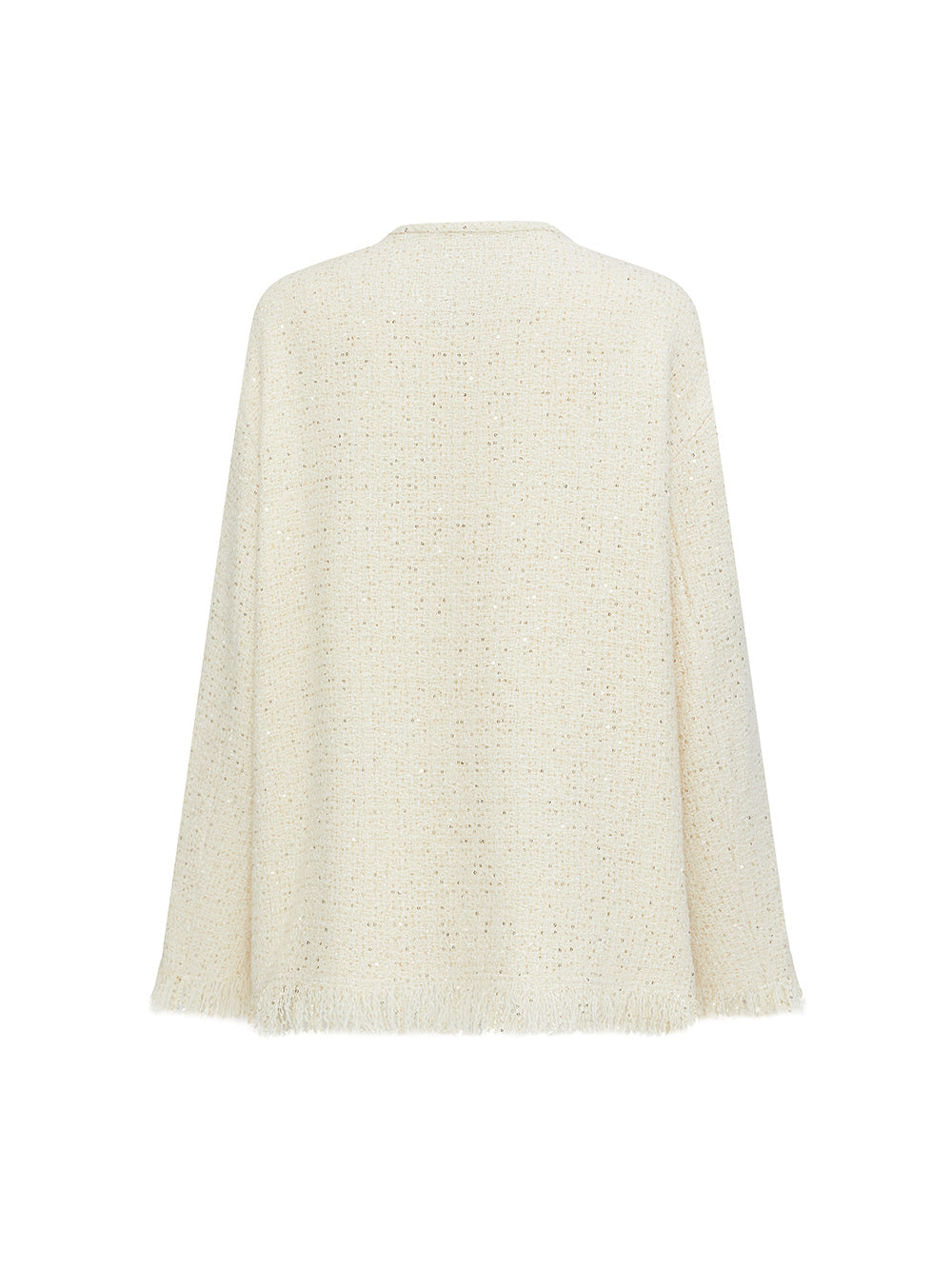 MUKZIN“Realm of Ethereal Mist”Off - White Tweed Cardigan with Sequin Embroidery and Fringes